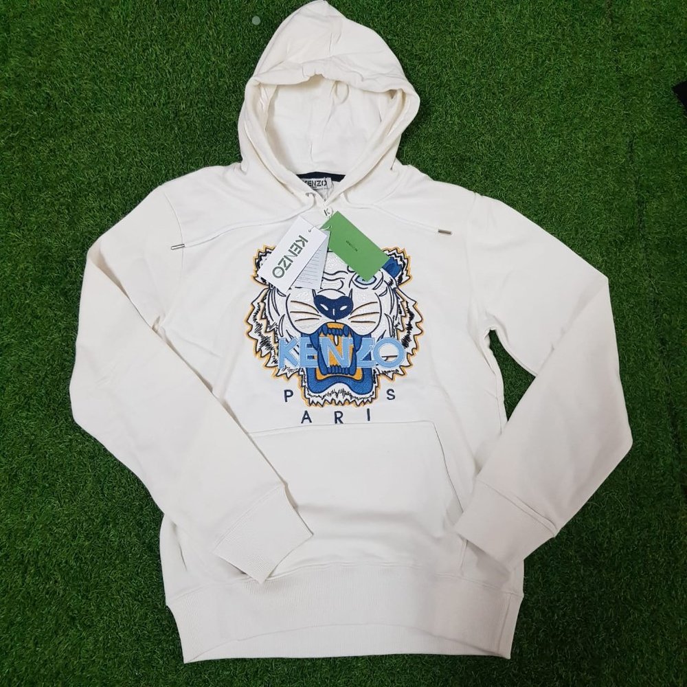 Kenzo White Hoodie With Tiger Embroidered